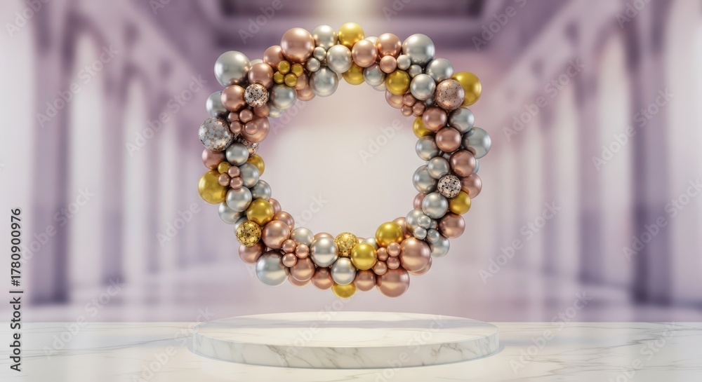 Obraz premium Circular balloon arrangement in gold and rose