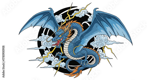 Majestic sky dragon with wings spread soaring amidst storm clouds and lightning bolts