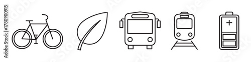 Simple black and white icons depicting a bicycle, a leaf, a bus, a train, and a battery, representing modes of transport and environmental concepts.