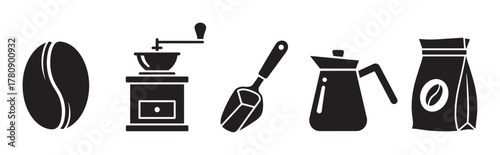 Black silhouette icons depicting essential coffee elements including a coffee bean, grinder, scoop, pot, and bag for a complete coffee-making setup.