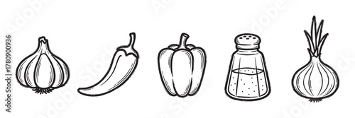 Black outline illustrations of garlic, chili pepper, bell pepper, salt shaker, and onion, representing common spices and vegetables used in cooking.