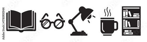 Simple black icons depicting an open book, round glasses, a desk lamp, a steaming mug, and a bookshelf filled with books.