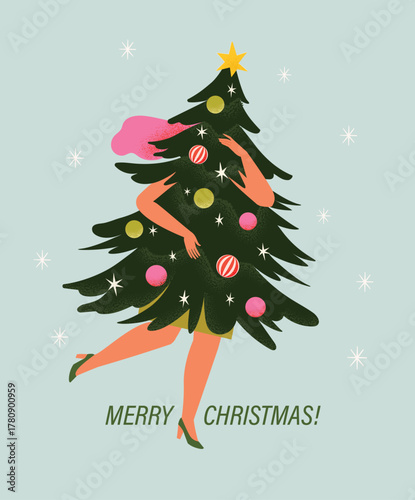 Christmas greeting card with a woman carries Christmas tree home. Holiday is coming concept template design with Christmas tree walking female legs in high-heeled shoes snowflakes retro Greeting card.