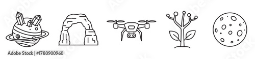A set of black outline icons depicting a ringed planet with crystals, a natural rock arch, a quadcopter drone, a plant with buds, and a cratered moon.