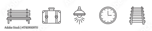 Black outline vector icons of a park bench, a vintage suitcase, a hanging lamp, a wall clock, and a wooden ladder in minimal linear style.