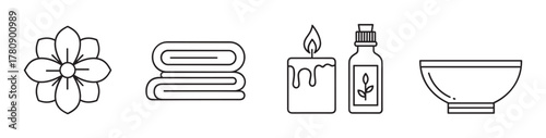 Black outline icons of a spa theme including a flower, folded towels, a lit candle, an essential oil bottle, and a bowl, representing relaxation and wellness.
