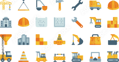 isometric construction tools and vehicles icon set, engineering machinery, safety equipment, construction site elements, flat design vector illustration, industrial icons