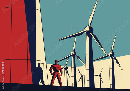 Retro futuristic scene with superhero and wind turbines in flat design