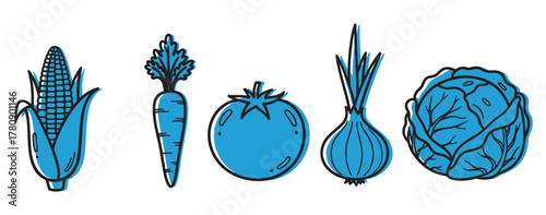 Blue and black outline illustration of five vegetables including corn, carrot, tomato, onion, and cabbage, each depicted in a simple and stylized manner.