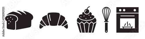 Black silhouette icons of a loaf of bread, croissant, cupcake with cherry, whisk, and an oven, representing various baking elements.