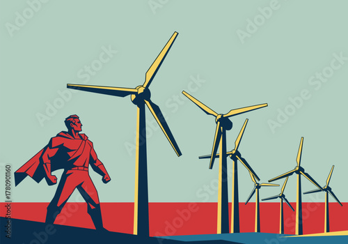 Superhero figure overlooking wind turbines in retro style illustration