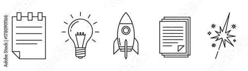 Black outline vector icons of a notepad, a light bulb, a rocket, a stack of papers, and a sparkling starburst, representing creativity and ideas.
