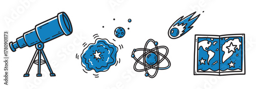 Blue outlined vector icons of a telescope, galaxy, atom, comet, and map, representing astronomy, physics, and space exploration.