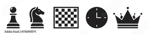 Black silhouette icons of a pawn, knight, chessboard, clock, and crown arranged in a line, representing elements of chess.