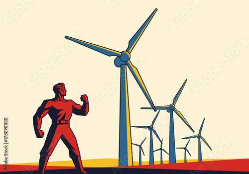 Bold heroic figure with wind turbine farm: a retro energy concept art