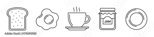Black outline vector icons of breakfast items including a slice of bread, fried egg, steaming cup of coffee, jar of jam, and an empty plate.