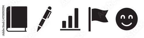 Simple black icons of a book, pen, bar chart, flag, and smiling face arranged in a horizontal line.