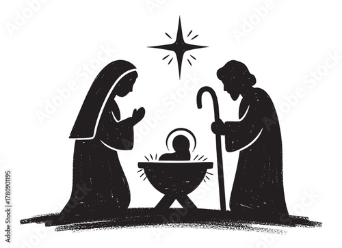 Silhouette of a nativity scene featuring mary, joseph, and baby jesus in a manger, with a star shining above.