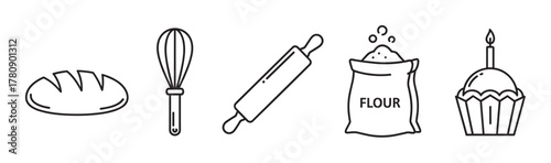 Outline vector icons of a loaf of bread, whisk, rolling pin, bag of flour, and a cupcake topped with a candle in a linear style.