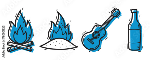 Four camping-themed icons depicting a campfire with logs, a sand mound with fire, an acoustic guitar, and a bottle, all highlighted with blue accents.
