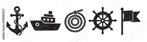 Set of nautical icons featuring an anchor, ship, coiled rope, ship's wheel, and flag, all in a black outlined design.