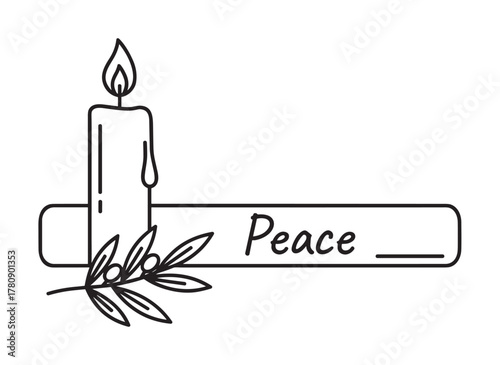 Black outline drawing of a lit candle with a small branch beside it and the word "peace" on a horizontal bar.