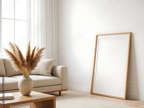 Modern minimalist living room with beige sofa, wooden coffee table, pampas grass in a vase, and a large empty wooden frame mockup leaning against a white wall for art display