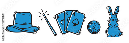 Stylized magician set includes a blue hat, wand, playing cards, coin, and rabbit illustration, each outlined in black for a whimsical touch.