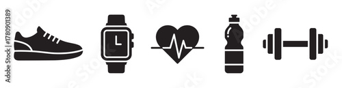 Black silhouette icons of a sneaker, smartwatch, heart with heartbeat line, water bottle, and dumbbell on a white background.