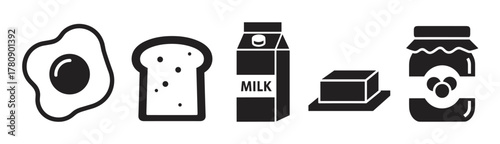 Black and white icon set featuring breakfast items including a fried egg, a slice of bread, a carton of milk, a stick of butter, and a jar of jam.