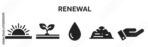 Set of black glyph icons representing renewal themes: sunrise, sprout, water droplet, fertilizer, and an open hand.