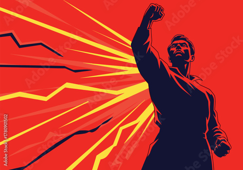 Bold heroic silhouette with dynamic lines on red background