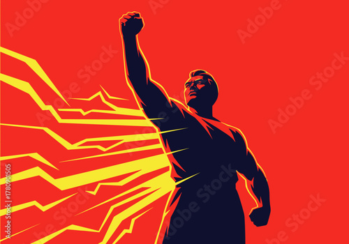 Empowered heroic figure with lightning bold pop art style on red background