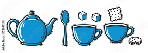 Blue outlined set of tea essentials including a teapot, spoon, two cups, sugar cubes, and biscuits, drawn in a simple linear style.