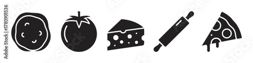 Black silhouette icons of sliced potato, whole tomato, wedge of cheese, rolling pin, and a slice of pizza with dripping cheese.