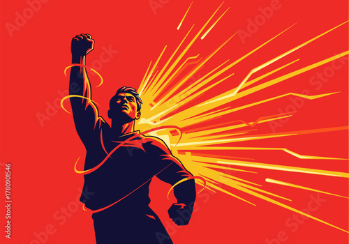 Dynamic heroic silhouette with abstract energy burst on bold background