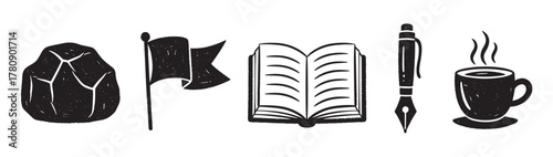 Black and white illustrations of a rock, flag, open book, fountain pen, and steaming coffee cup in a minimalistic design.