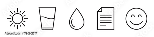 Linear icons depicting a sun, a glass of water, a water droplet, a sheet of paper with text, and a smiling face.