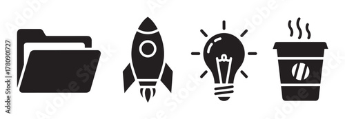 Black silhouette icons of a folder, rocket, light bulb, and coffee cup, representing organization, innovation, ideas, and refreshment.