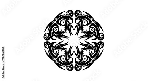 Intricate symmetrical pattern composed of interwoven stylized elements on a stark white field
