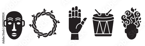 Bold black outline symbols of an african mask, vine circle, upright hand, tribal drum, and stylized head with swirling patterns.