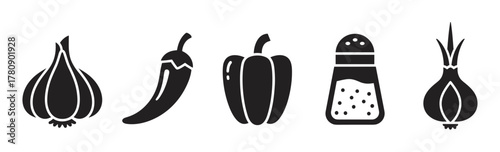 Black silhouette icons of garlic, chili pepper, bell pepper, salt shaker, and onion, ideal for cooking and seasoning themes.