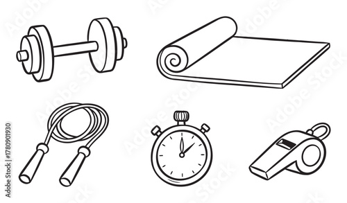 Black outline vector icons of a dumbbell, yoga mat, jump rope, stopwatch, and whistle, representing fitness and sports equipment.