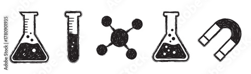 Black hand-drawn sketches of scientific equipment including flasks, a test tube, a molecule structure, and a horseshoe magnet.