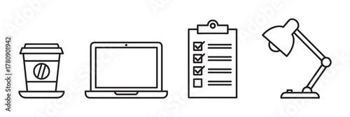 Black outline icons of a coffee cup, laptop, checklist clipboard, and desk lamp, representing productivity and work essentials.