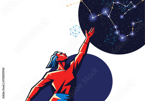 Futuristic artwork of geometric figure reaching for stars and constellations