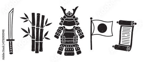 Black silhouette icons of a samurai sword, bamboo stalks, traditional armor, japanese flag, and a rolled scroll, symbolizing aspects of japanese culture.