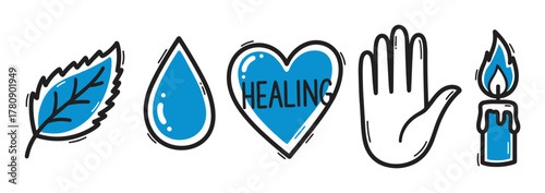 Simple black outline icons featuring a leaf, water droplet, heart with the word "healing," hand, and lit candle, each filled with blue color.