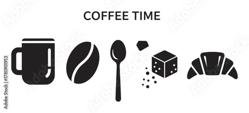Black icons depicting a coffee cup, coffee bean, spoon, sugar cube, and croissant arranged in a row under the words "coffee time.
