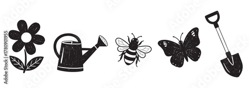Black and white icons depicting a flower, watering can, bee, butterfly, and shovel, each representing elements of gardening and nature.